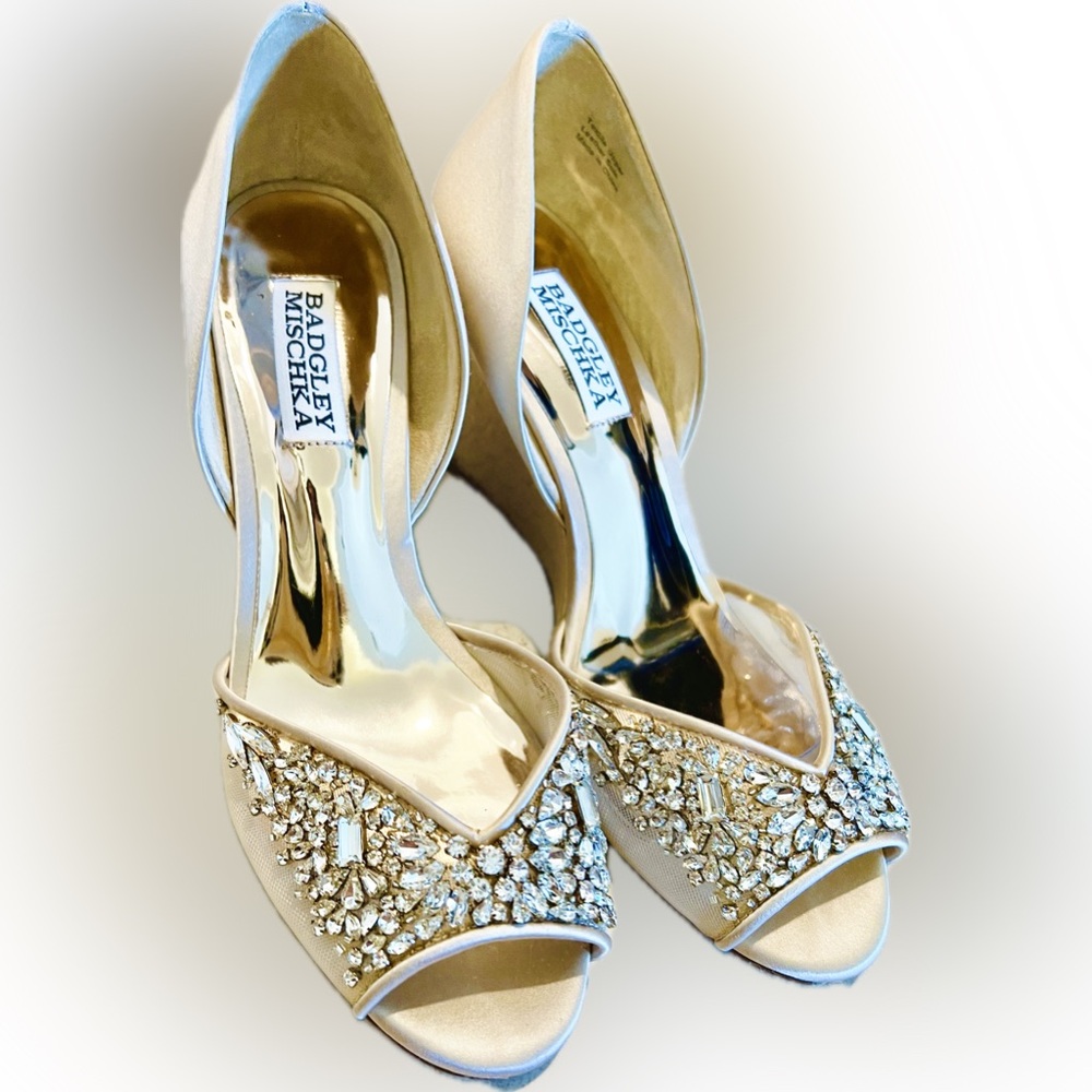 Badgley Mischka “Cashmere” rhinestone, champagne satin & mesh wedge sandals